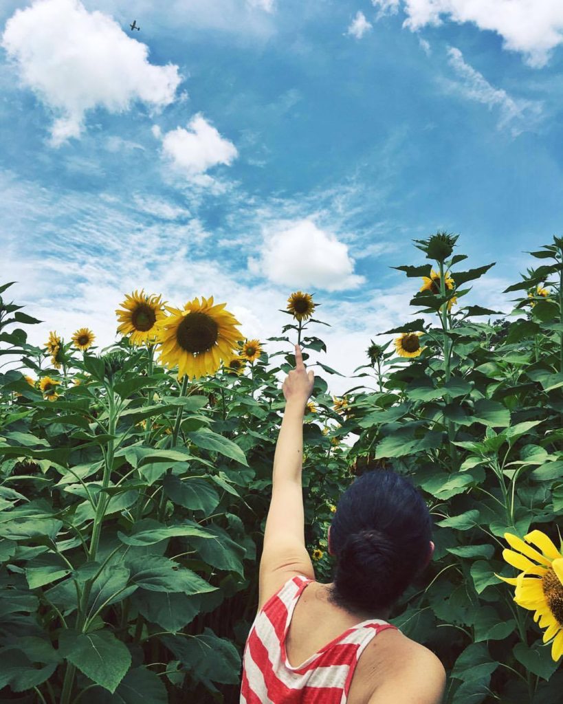 Rachel Mechanik shown pointing toward a plane in the sky.