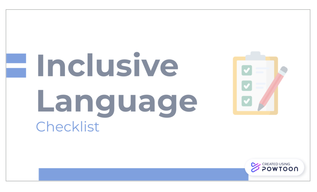 Screenshot of the opening scene for a Powtoon-created video title "Inclusive Language Checklist."