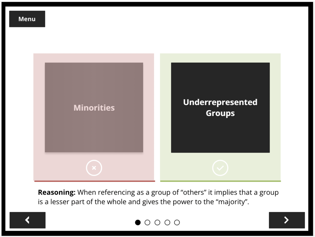 Sample interaction showing a choice between the terms "minorities" and "underrepresented groups." The latter option is selected and highlighted as the correct response and displays the reasoning. A menu button, forward and backward button, progress bar are also show.