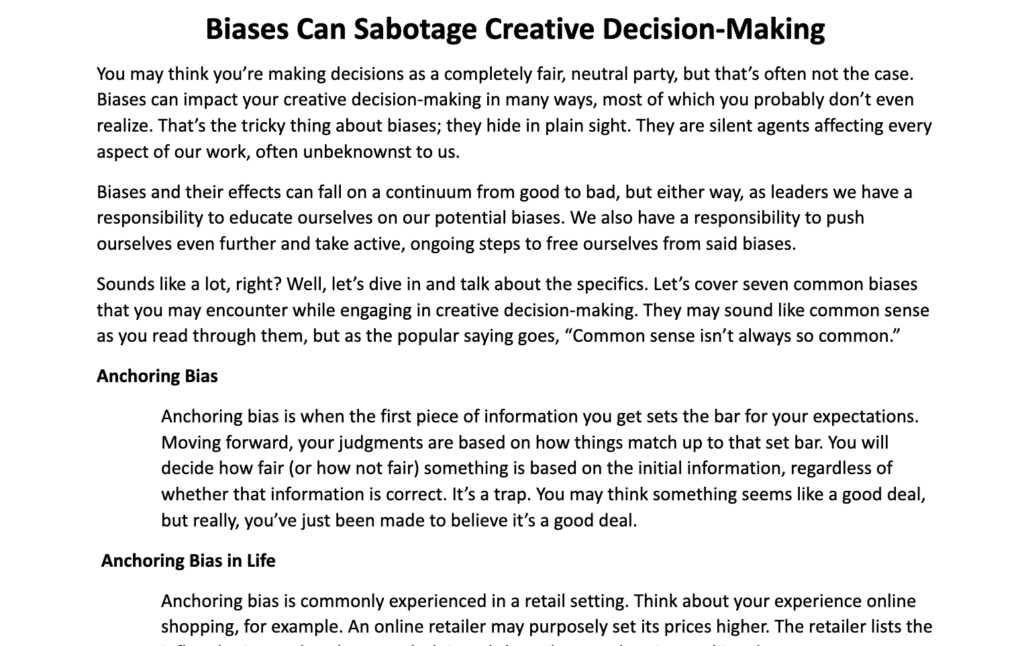 Screenshot of page one of the writing sample title "Biases Can Sabotage Creative Decision-Making."